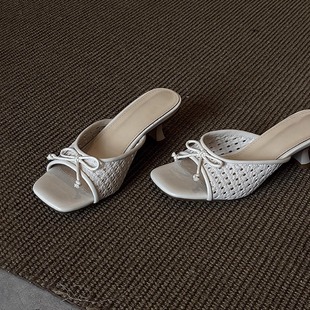 Ready-Made Version ~ Resort Style Woven Cut Out Sandals for Women, Versatile Bow Flip-Flops, Open-Toe Square-Toe High Heels for Summer