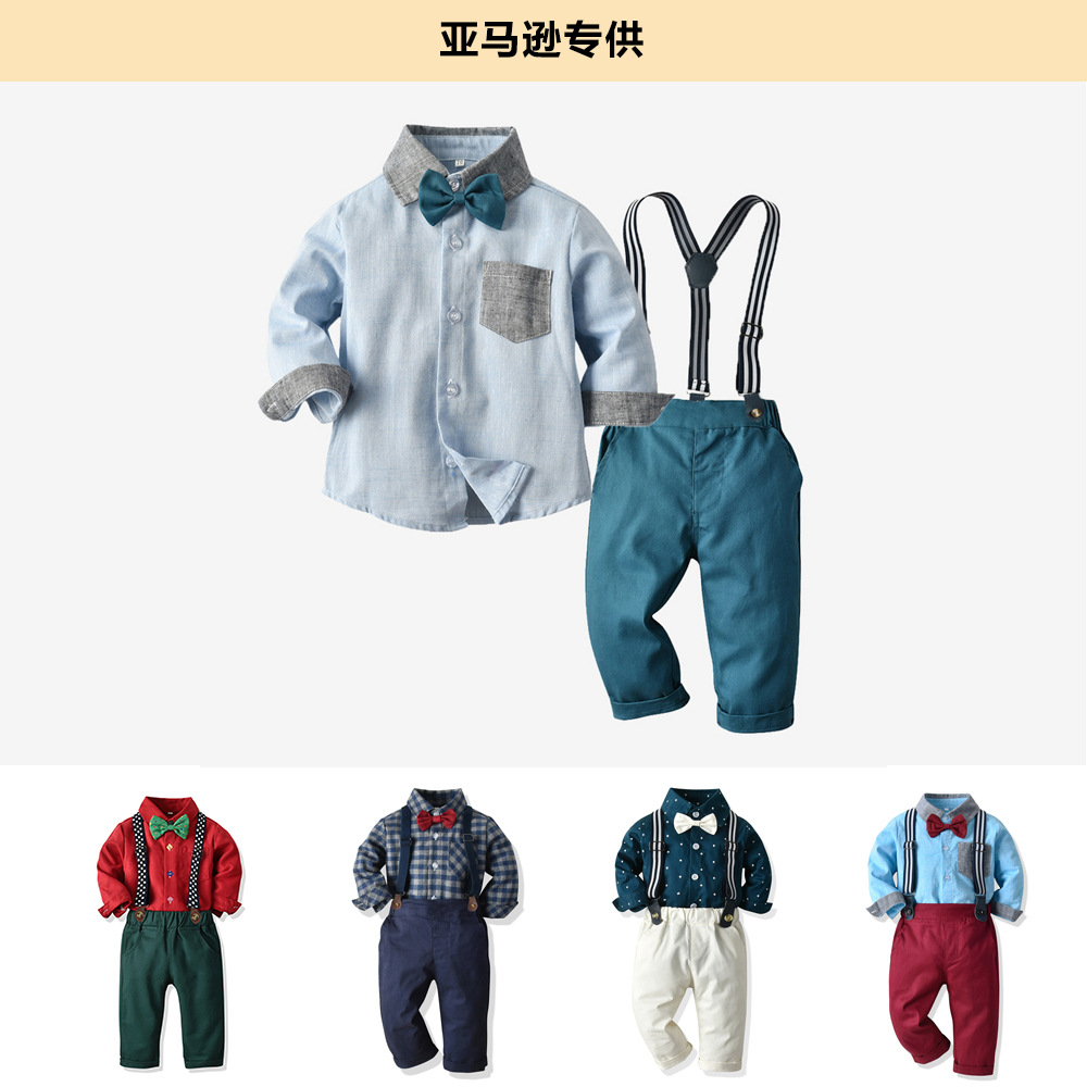Europa y los Estados Unidos corbata de niños manga larga una sola fila de botón camisa de algodón pantalones de dos piezas set de ropa de caballero bebé niño