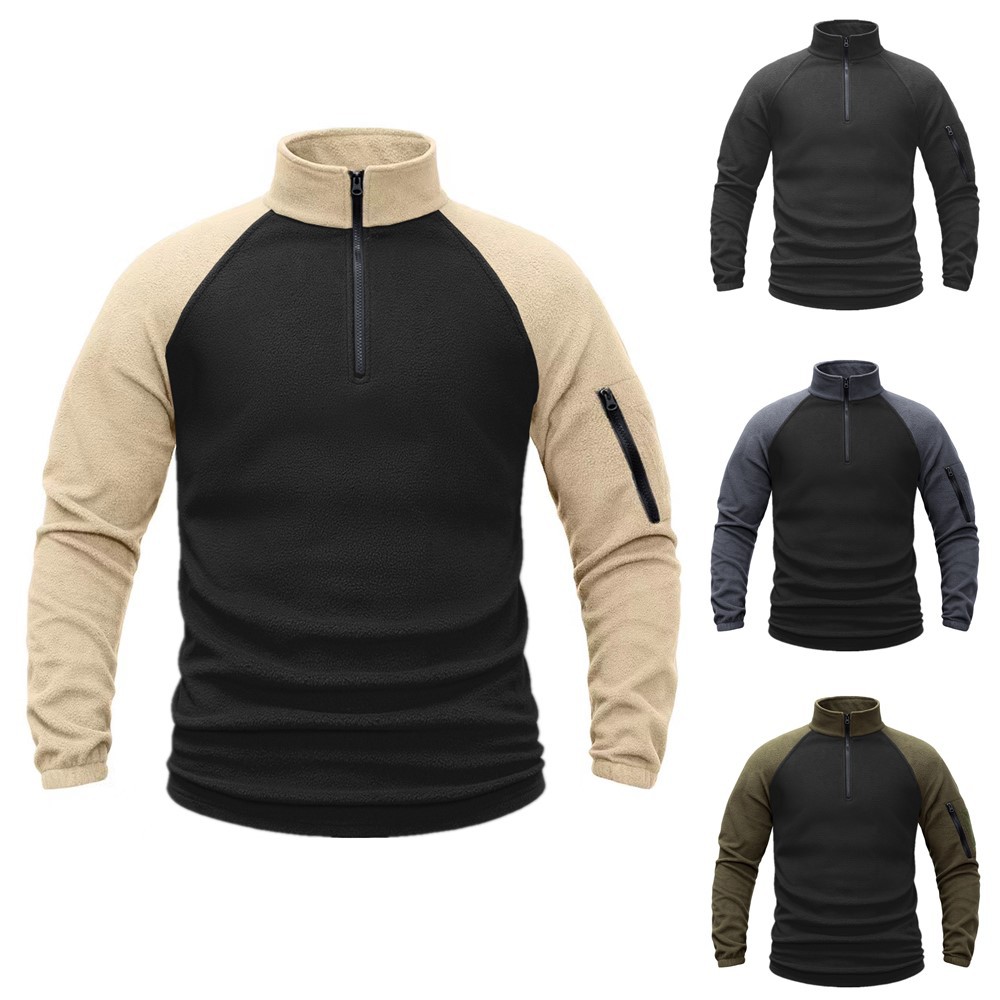 Cross-Border Trade 220g Tactical Fleece Jacket for Men, Polar Fleece, Warm Autumn and Winter Color-Blocked Fleece Pullover with Stand Collar