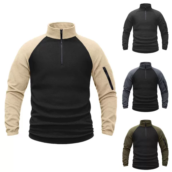 Cross-Border Trade 220g Tactical Fleece Jacket for Men, Polar Fleece, Warm Autumn and Winter Color-Blocked Fleece Pullover with Stand Collar