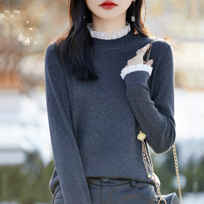 Spring lace knitted solid color base body-friendly woolen sweater