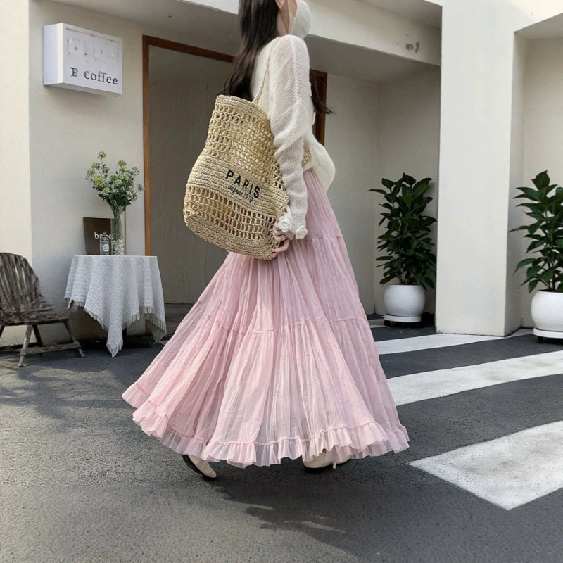 French-Style Gentle Wind Mid-Length Flared Umbrella Skirt for Women, New Spring High-Waisted Mesh A-Line Pleated Skirt