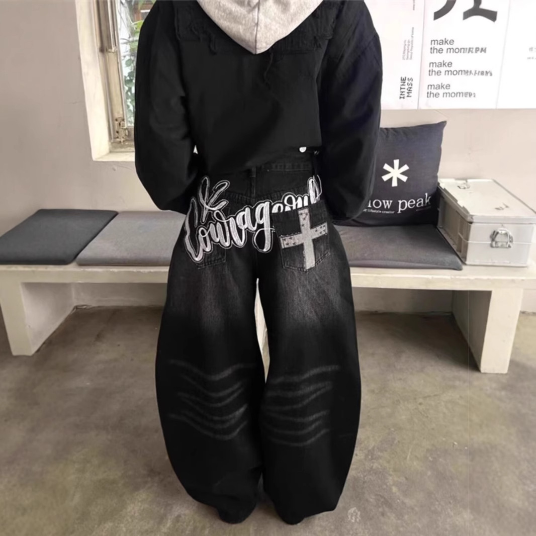 Hong Kong Style Trendy Men's Summer New 2025 Personalized Letter Jeans Hip-Hop Ins Trendy High Street Trendy Trousers