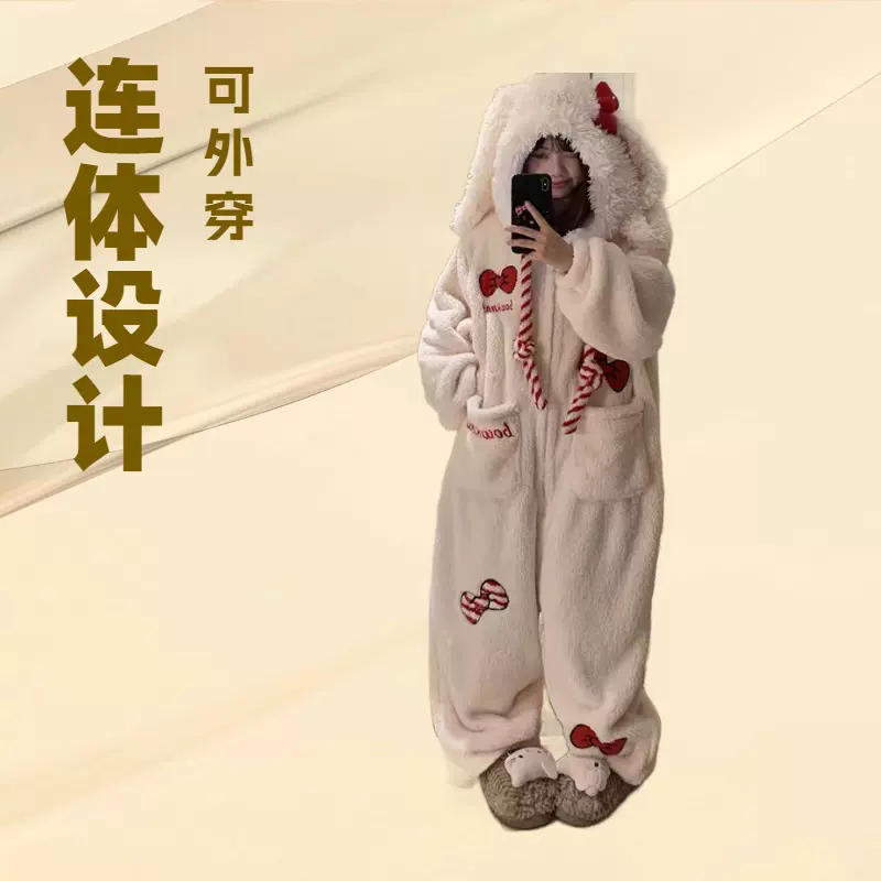 2025新款可爱卡通珊瑚绒连体睡衣女加厚保暖家居服秋冬季可外穿