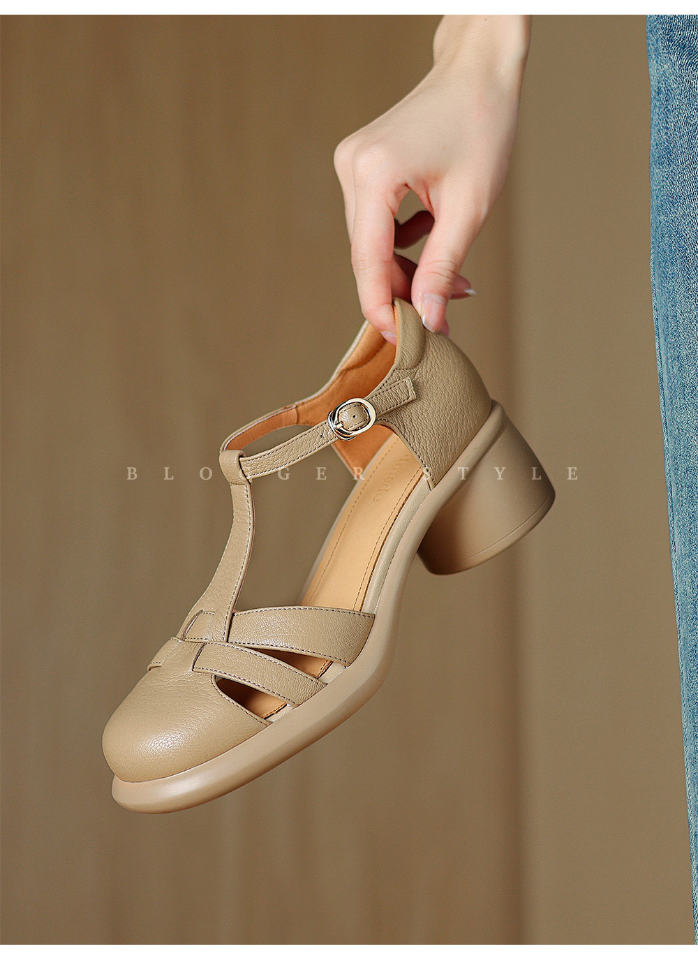 Sandal Mary Jane nữ đế dày gót vuông mũi tròn dệt kiểu La Mã — Màu trắng nhạt chi tiết 6