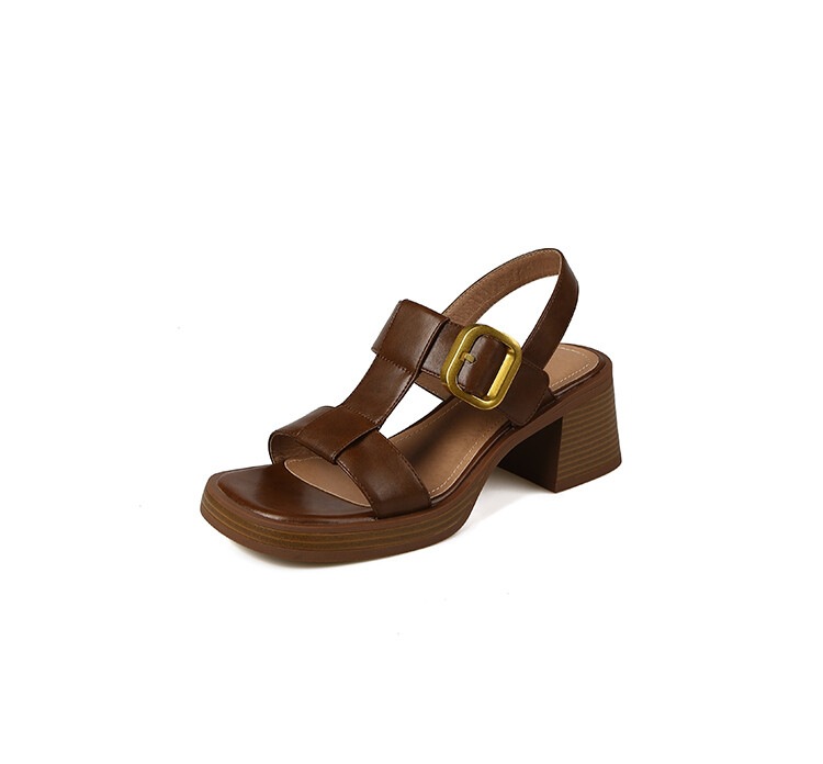 Vintage Chunky Heel Sandals For Women, Mid Heel, One Strap, Open Waterproof Platform, Thick Sole, Square Toe, Roman_voghion.com
