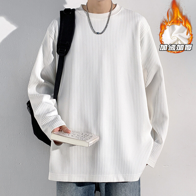 美式肌理感白色长袖T恤潮男生秋冬款加绒加厚宽松大码内搭打底衫
