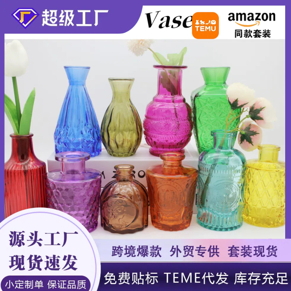 Conjunto de jarrón de vidrio transfronterizo en relieve pequeño transparente hidropónico flores sala de estar mesa comercio exterior decoración de vidrio adorno