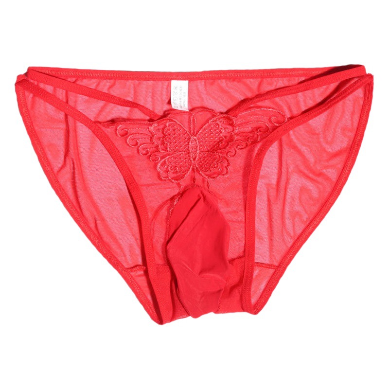 Men's Sexy Butterfly Embroidered Triangle Inner Belt jj Set Low Waist Sexy Transparent Mesh Pocket Large Size Thong