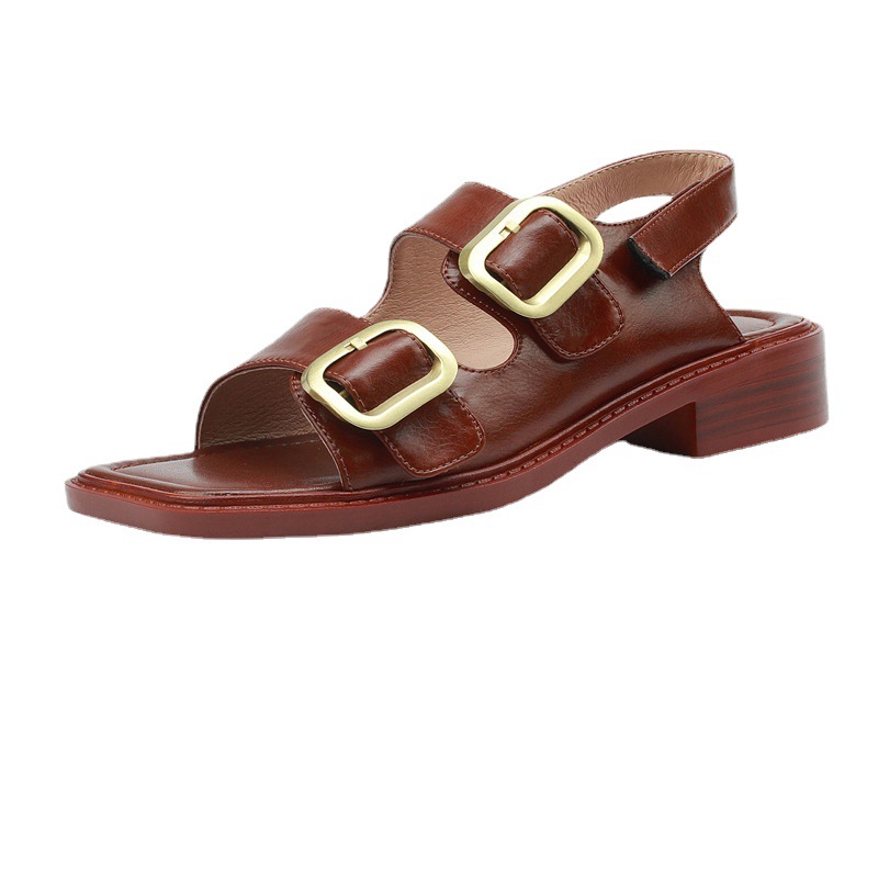 Sandal hở mũi nữ quai ngang đế thấp phong cách La Mã cổ điển, da bò màu nâu — Màu nâu