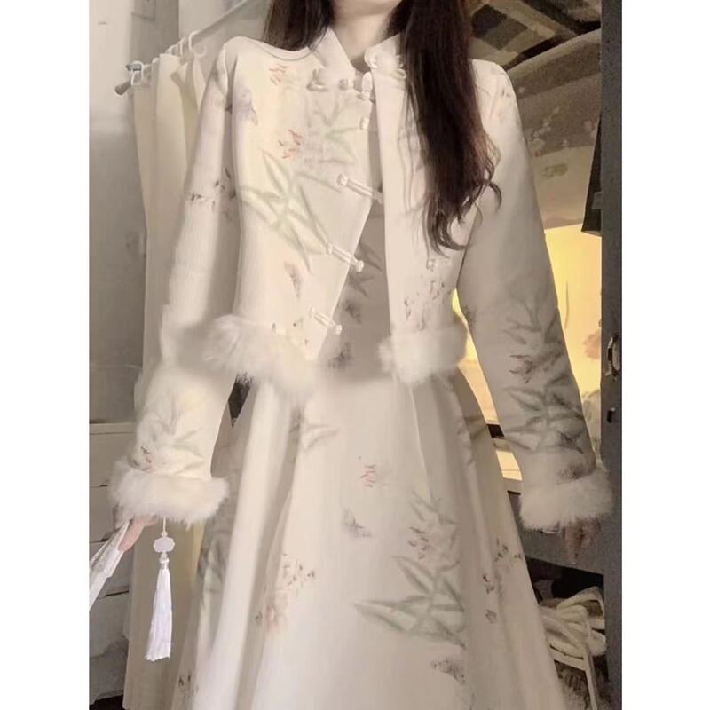 Thickened Silver Fox Velvet Ladylike Elegant Outfit Suit Autumn and Winter New Warm Floral Dress Jacket