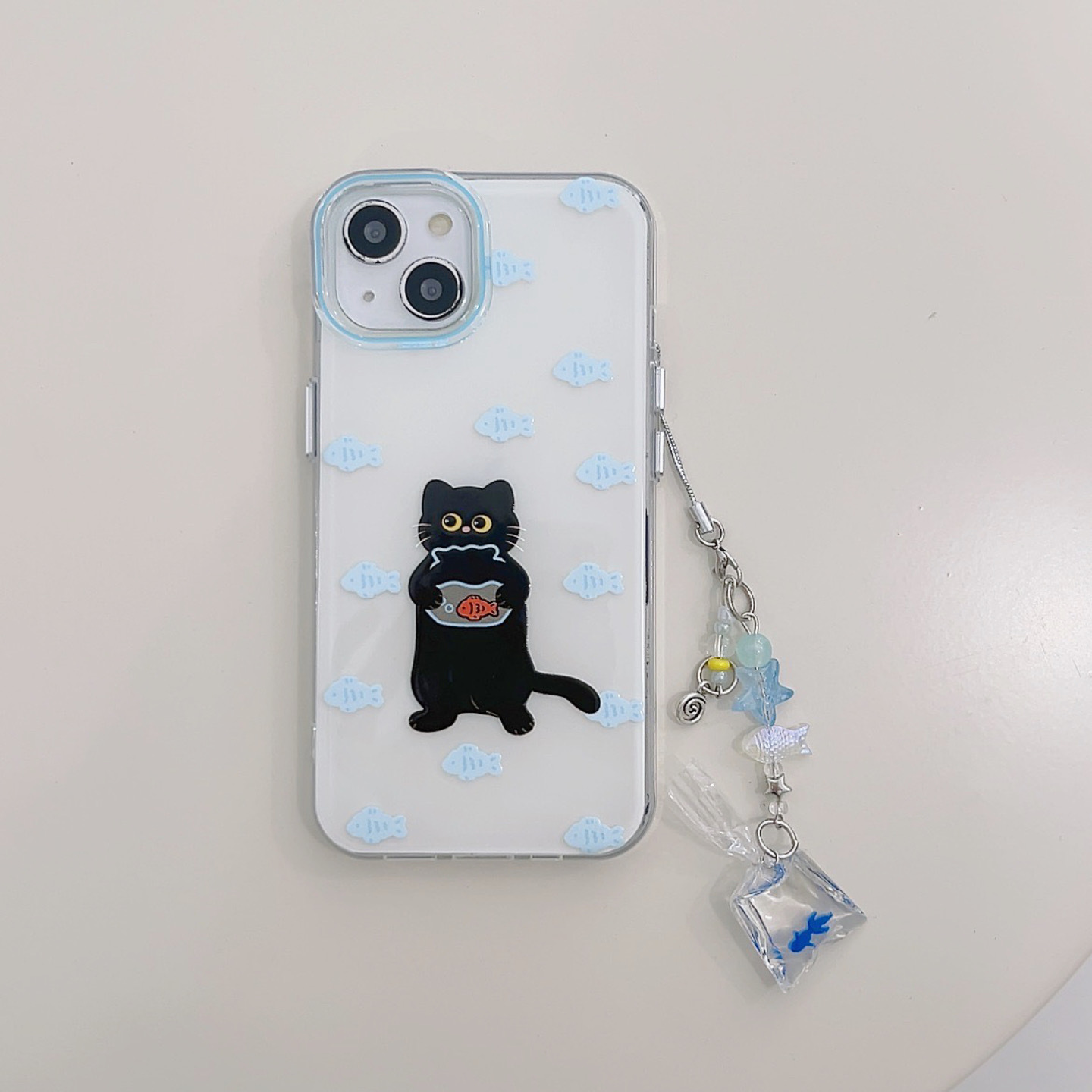 Lindo pez azul gato negro para Apple 16ProMax funda para teléfono móvil 15Pro colgante 14/13 nicho 15PM