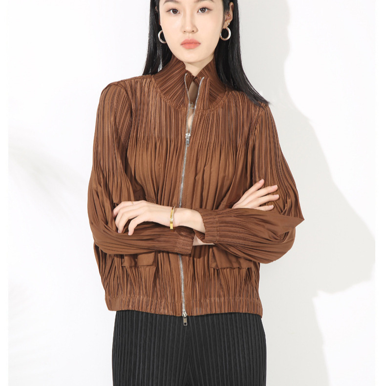Miyake Style Handsome Jacket Spring & Fall Style Elegant Baota Work Clothing High-End Motorcycle Top Stand Collar Simple Jacket for Women