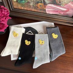 可爱加厚双针净版卡通小黄鸭女士堆堆袜保暖中筒袜