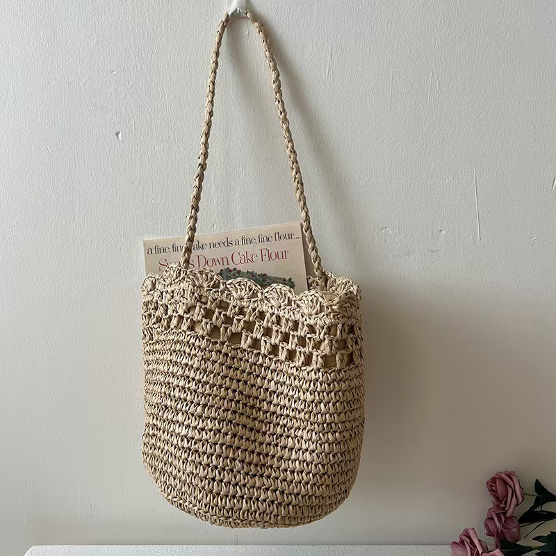 Handmade Rattan Shoulder Bag With Leather Trim Woven Basket Bag_voghion.com