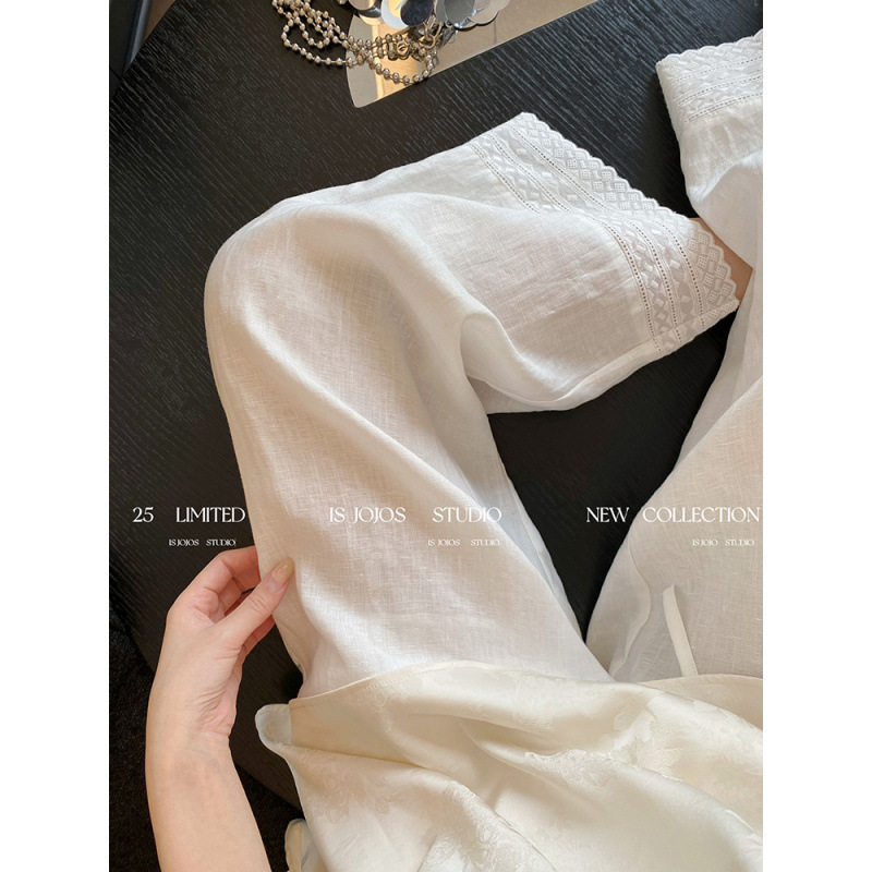 女性のための白い刺繍レースステッチリネンカジュアルパンツ夏 2025 新しいルーズ怠惰な気質痩身ワイドレッグパンツ|undefined