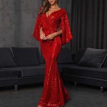 2025年欧美外贸秋冬季新款性感连衣裙开叉色亮片长款晚礼服连衣裙