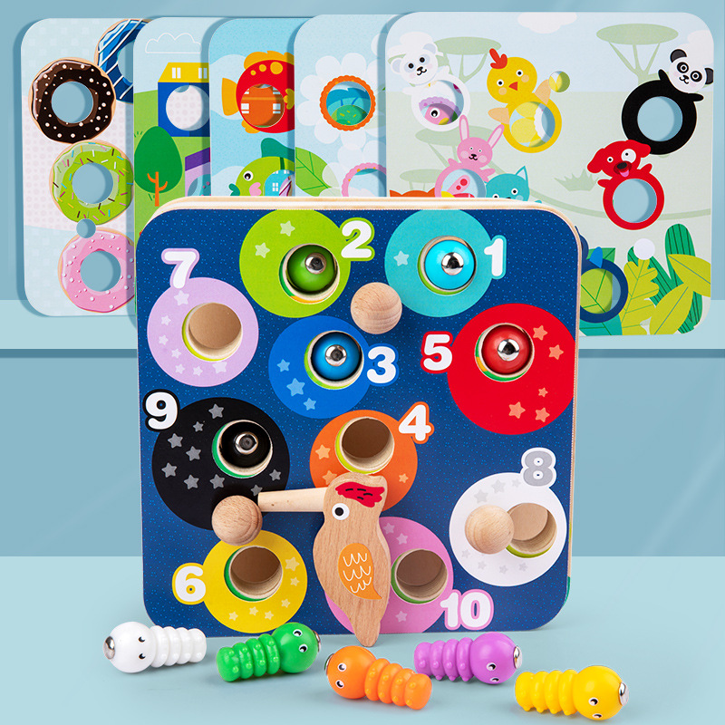 Montessori para niños educación temprana juguetes educativos de madera niños 1-2-3 años bebé magnético juego de captura de insectos al por mayor