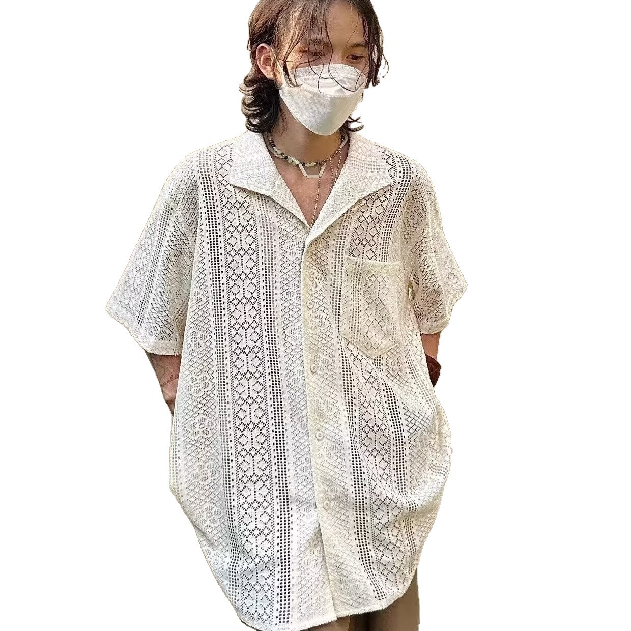 Camisa POLO Cárdigan de solapa de manga corta para hombre, seda de hielo de verano hueca, camiseta casual de negocios británicos, comercio exterior, venta al por mayor transfronteriza