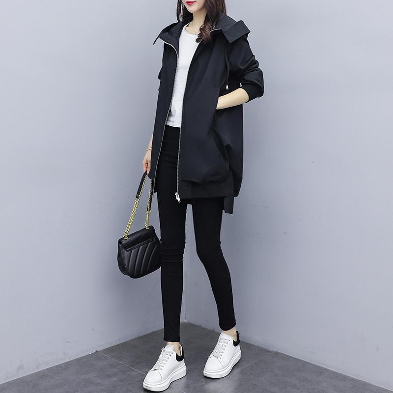 有里布2025春秋韩版卡其色宽松休闲连帽风衣女中长款黑色气质外套|undefined