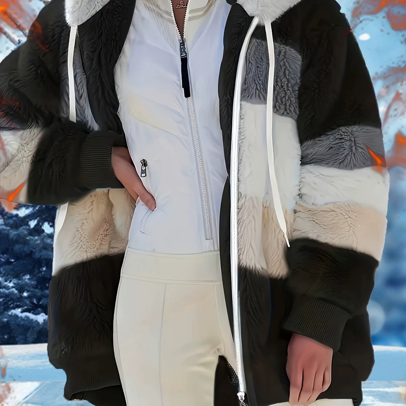2025 cross-border new European and American loose furry color-blocking thickened wool casual top