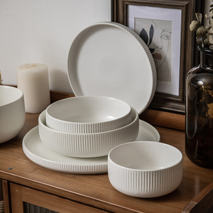 Don't Pick Style Dika Series Nordic Retro Embossed Ceramic Bowl White Simple Household Tableware Cross-border Export