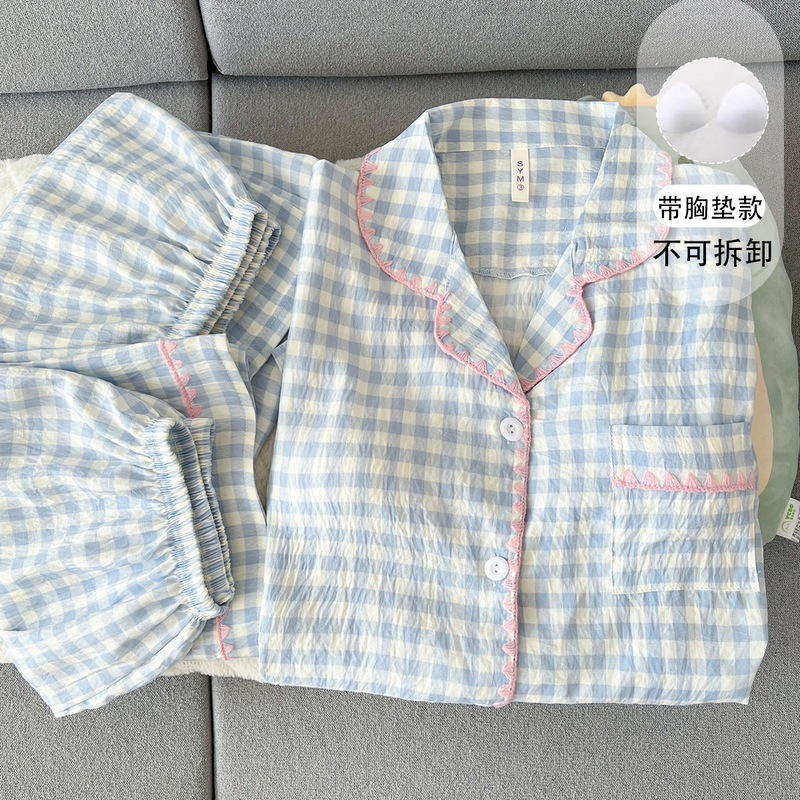 New Lace Summer Pajamas with Breast Pads, Large Size, Short-Sleeved, Fresh Style, Light Blue Plaid Three-Piece Set, Wholesale in Stock New Lace Summer Pajamas with Breast Pads, Large Size, Short-Sleeved, Fresh Style, Light Blue Plaid Three-Piece Set, Wholesale in Stock