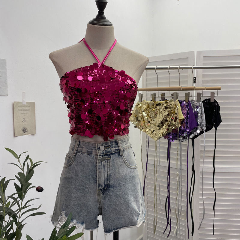 Real shot heavy industry bling sequins hanging neck camisole one-piece wrap lace-up large backless jacket 1083 Real shot heavy industry bling sequins hanging neck camisole one-piece wrap lace-up large backless jacket 1083