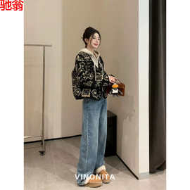 W9Q韩国高级感复古印花V领双排扣外套冬季加厚上衣