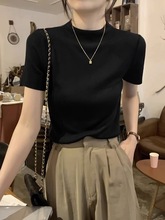 冰丝半高领针织t恤女正肩上衣夏季韩系简约别致立领辣妹黑色短袖