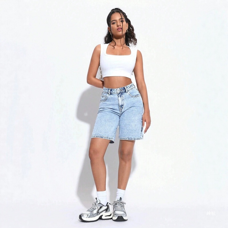 European and American Style High-Waisted Washed Denim Shorts for Women, Light Blue Loose Straight-Leg Mid-Length Pants, Summer Versatile Solid Color Denim Shorts European and American Style High-Waisted Washed Denim Shorts for Women, Light Blue Loose Straight-Leg Mid-Length Pants, Summer Versatile Solid Color Denim Shorts