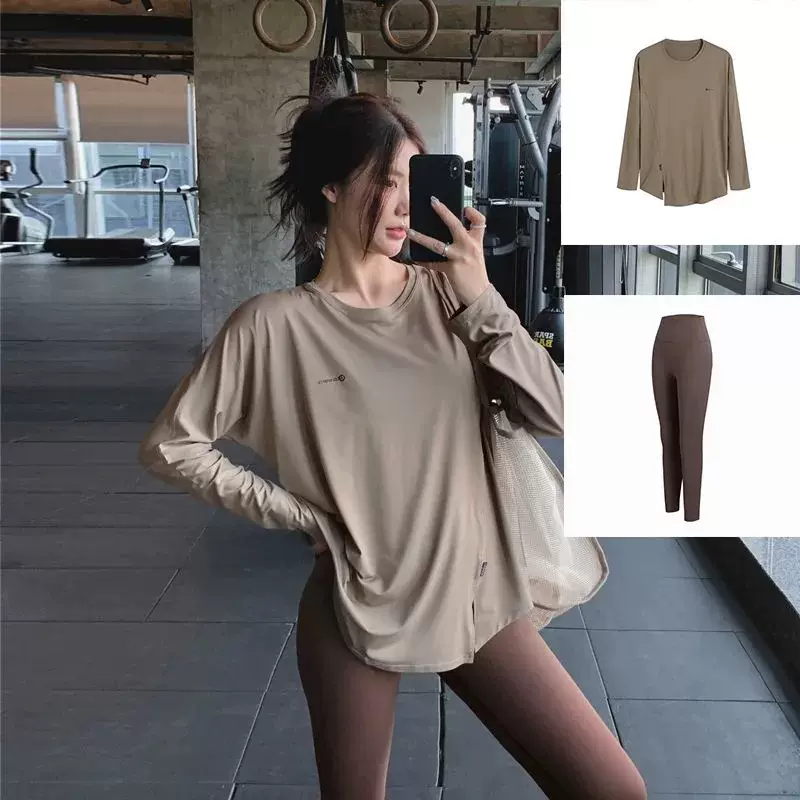 秋冬大码健身瑜伽服长袖宽松中长款遮臀显瘦瑜伽裤运动速干套装