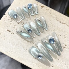 【光年之外】纯手工穿戴甲新款蓝色猫眼纯手工美甲贴轻奢钻款美甲
