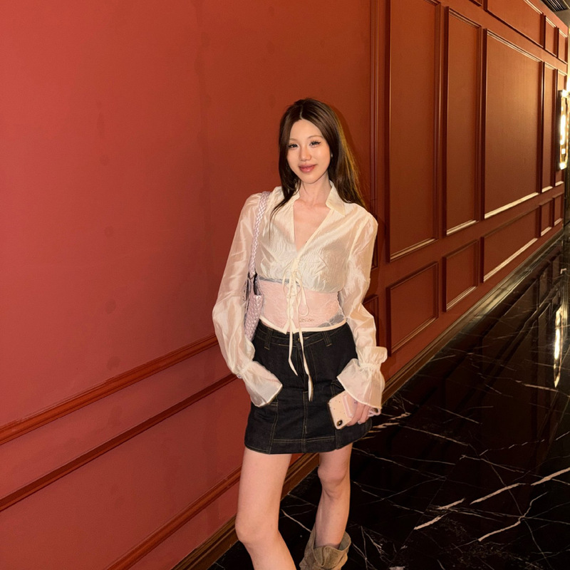 Purely Alluring Hot Girl Style Mesh Patchwork Lace Shirt for Women, Autumn V-Neck Tie-Up Slightly Sheer Slimming Top