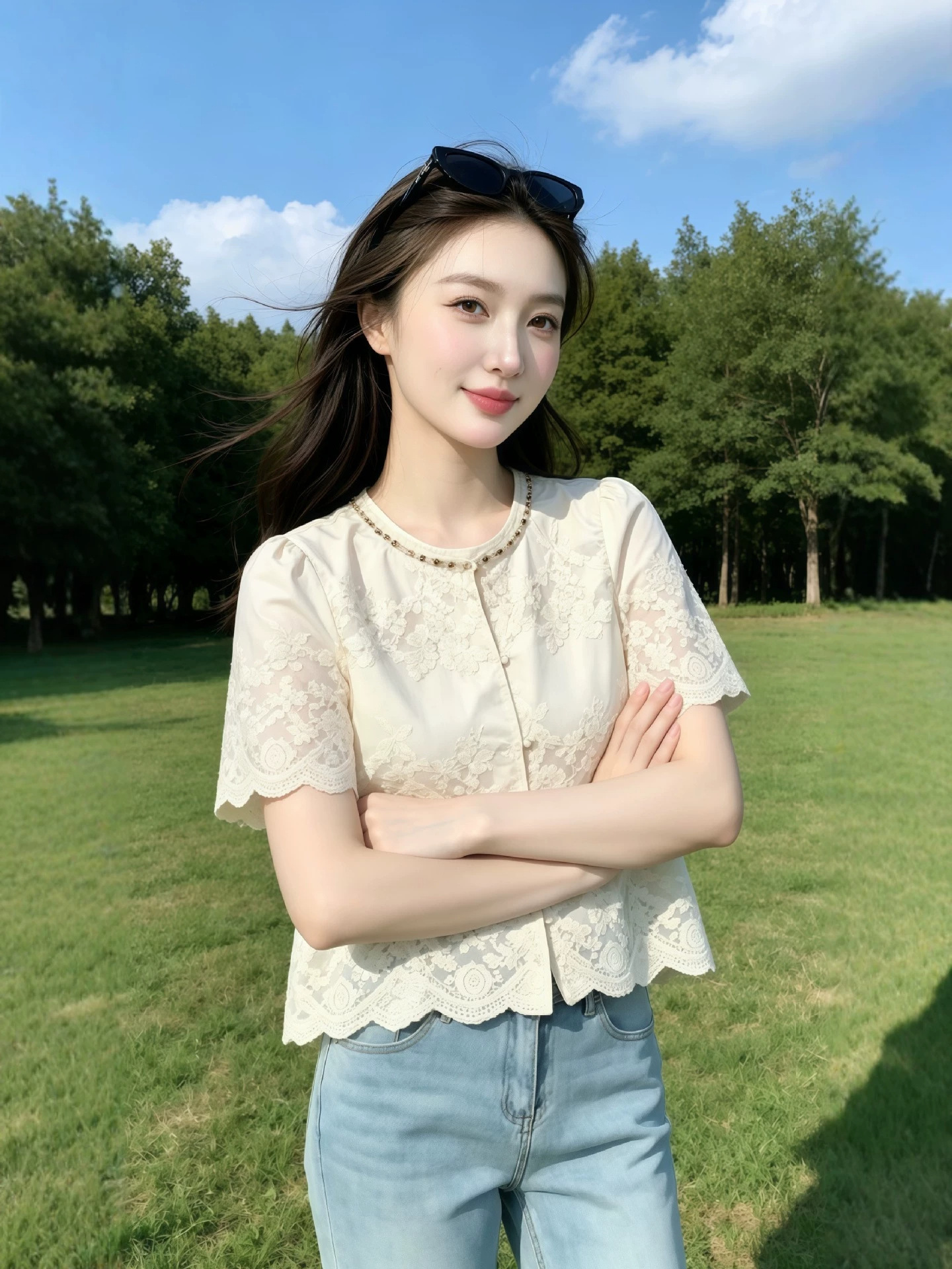 Áo sơ mi nữ tay ngắn ren thêu cao cấp, phối đính cườm, form suông nhẹ — màu trắng ngà