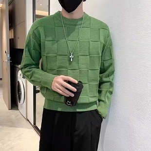 Autumn and Winter Crewneck Sweater Boys Solid Color Chessboard Plaid Korean Casual Lazy Style Sweater Trendy Sweater