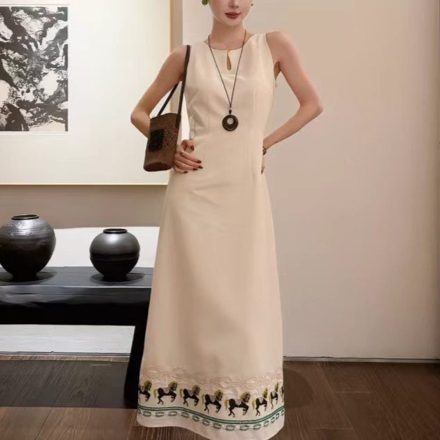 Changting Cotton Linen Embroidered Dress for Women, Summer A-Line Waist-Cinching Slim-Fit Sleeveless Top