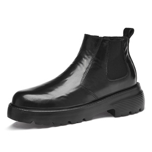 Men's Leg Boots Mid-Top Leather Shoes Trendy Height Increasing Chelsea Boots Short Boots Leather Round Toe Thick Bottom Black Leather Boots