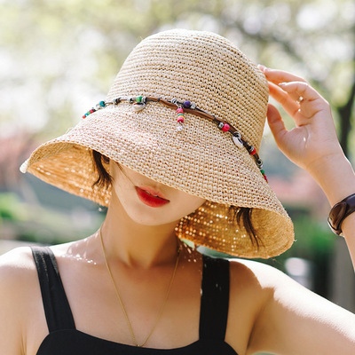 Raffia Hand-knitted Straw hat Sunscreen sunshade Hat lady Traveling Seaside Sandy beach Versatile Korean Edition Ethnic style