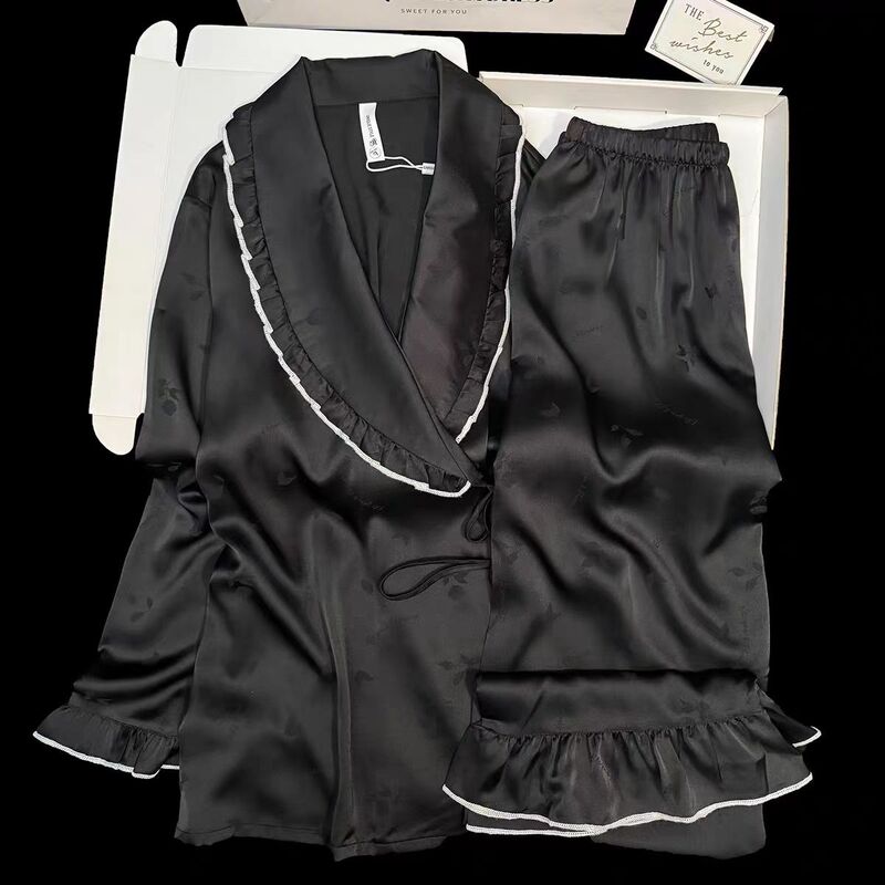 Loose-Fitting Lace-Up Loungewear for Women, Jacquard High-End Luxury Pajamas, Long-Sleeve Long-Pants Ice Silk Set, 2026 New Model Loose-Fitting Lace-Up Loungewear for Women, Jacquard High-End Luxury Pajamas, Long-Sleeve Long-Pants Ice Silk Set, 2026 New Model