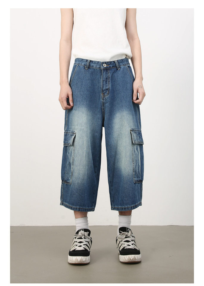 Quần short jean nam ống rộng nhiều túi phong cách hip-hop đường phố, quần lửng mùa hè — Màu xanh lam, Xanh lam làm cũ, Xanh lam nhạt chi tiết 4