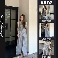 2025夏季新款复古宽松不规则无袖背心上衣阔腿休闲裤女时尚两件套