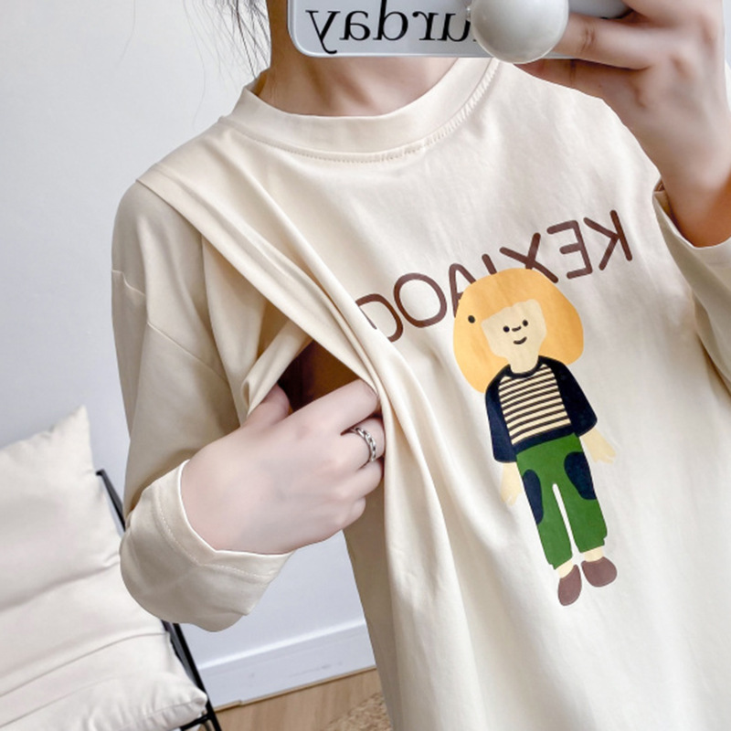 Breastfeeding Base Layer Top, Long-Sleeve Nursing Clothes for Autumn – Stylish & Sweet Cartoon Design, Perfect for Trendy Moms to Wear Out; Also Ideal as Maternity T-Shirts