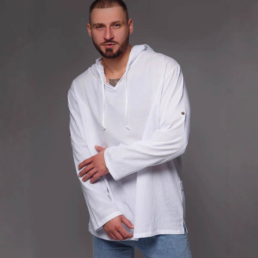 2025 Cross-Border European and American New Men's Long-Sleeved Hooded Cotton and Linen Shirts for Outdoor Travel Pure Color Sun Protection Clothing Beach Clothing