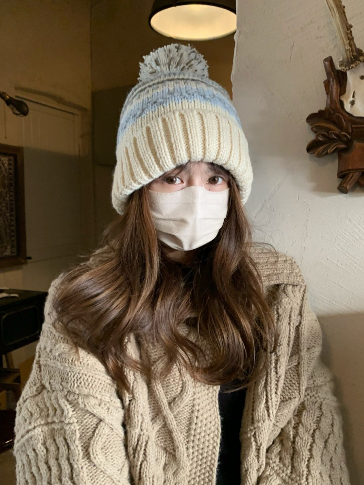 フェア島風毛糸帽子女子秋冬レトロ百合大頭囲保温ニット帽子顔小耳保護帽子