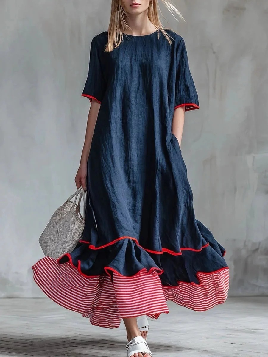 Navy Blue with Red Striped Trim Patchwork Linen Long Dress, Loose Round Neck, Short Sleeves, Large Hem, Flattering for the Figure, Vacation-Style Artistic Dress