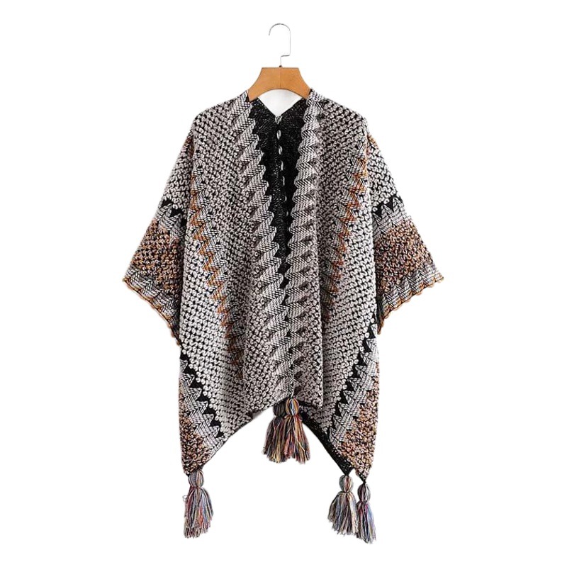 New Ethnic Style Shawl Pullover Tassel Cardigan Knitwear Colorfulful Loose Retro Style Stripesd Knitwear Cape Jacket
