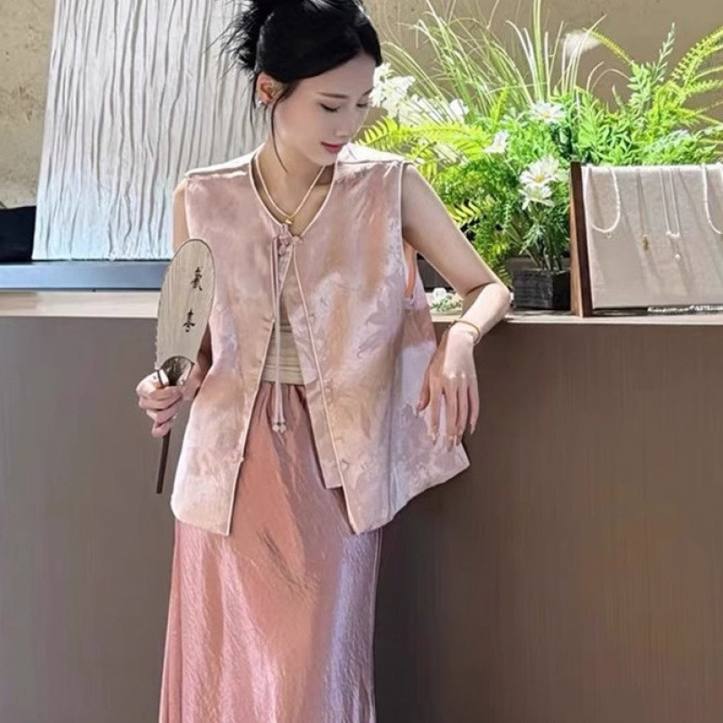 2025年夏服、ユニークで美しい新しい中国風ピンクジャカードベストとスカートの2点セット|undefined