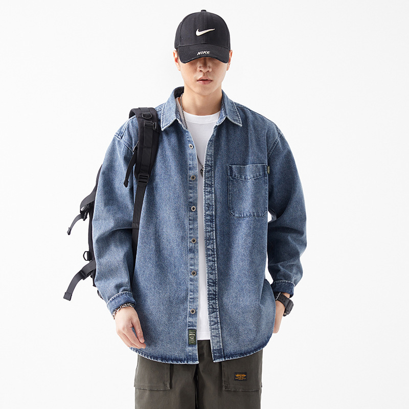 Denim Shirt Men's Retro New Casual Overalls Coat Spring and Autumn American Blue Men's Long Sleeve Shirt