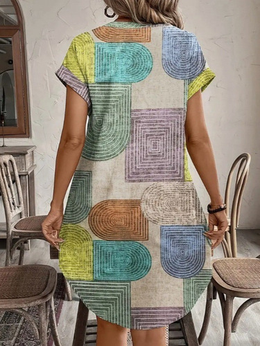 Women's Elegant V-neck Button-up Sleeveless Dress with Geometric Print for Summer